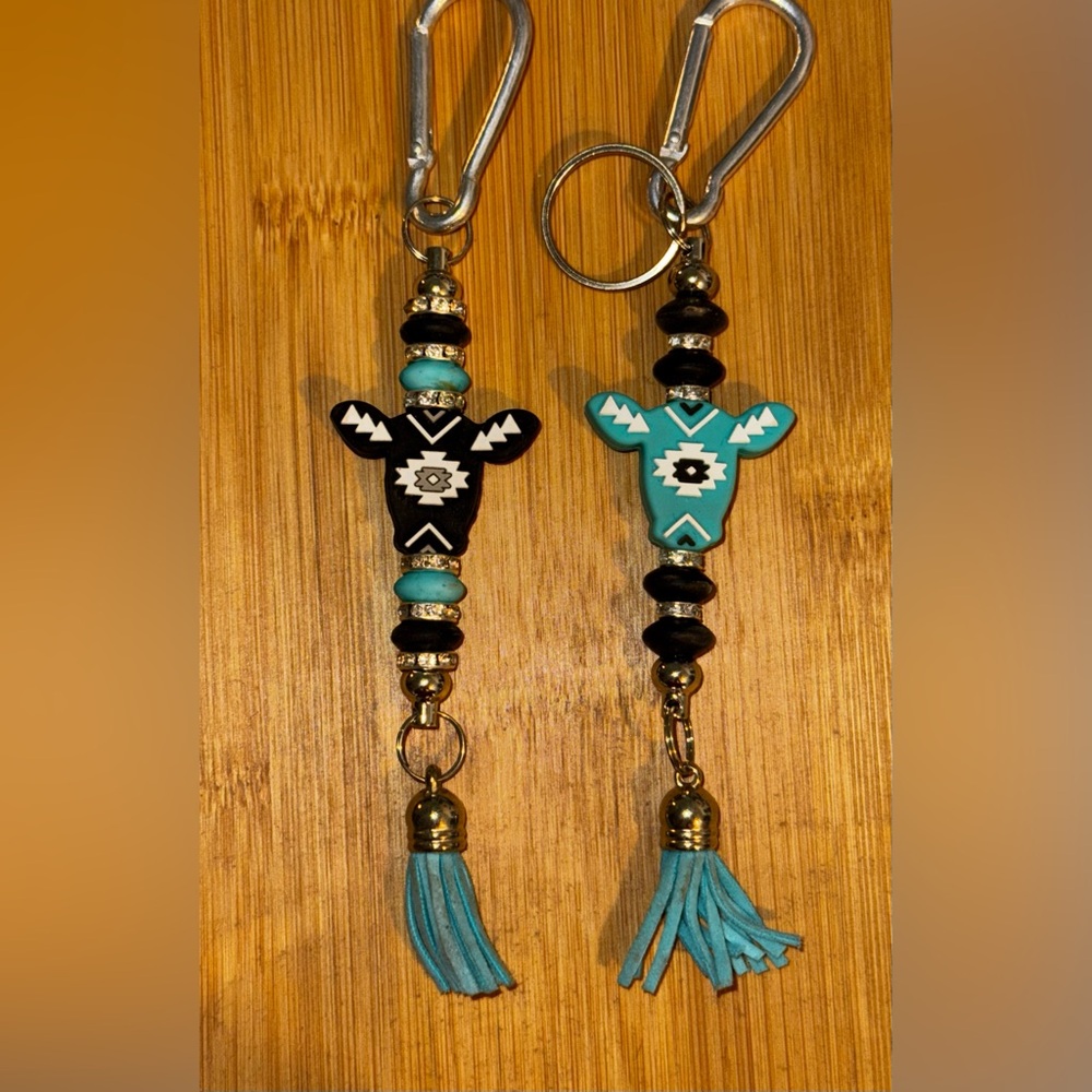 Southwestern Cow Keychains in Black and Turquoise